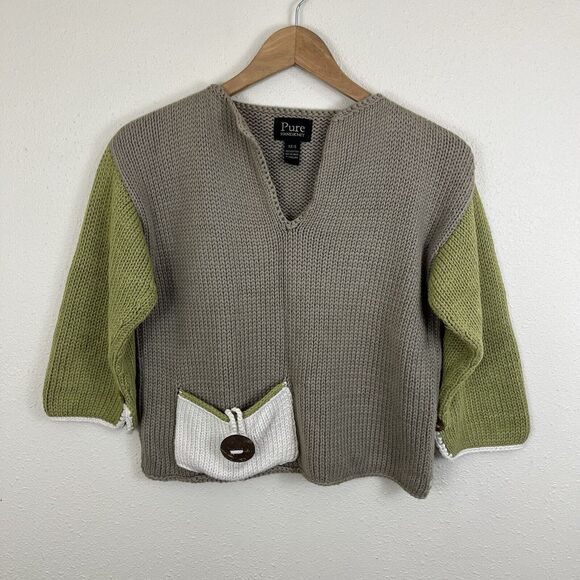 Pure Handknit 3/4 Sleeve Boxy Colorblock Pullover Sweater Womens XS/S Fisherman - Picture 1 of 6